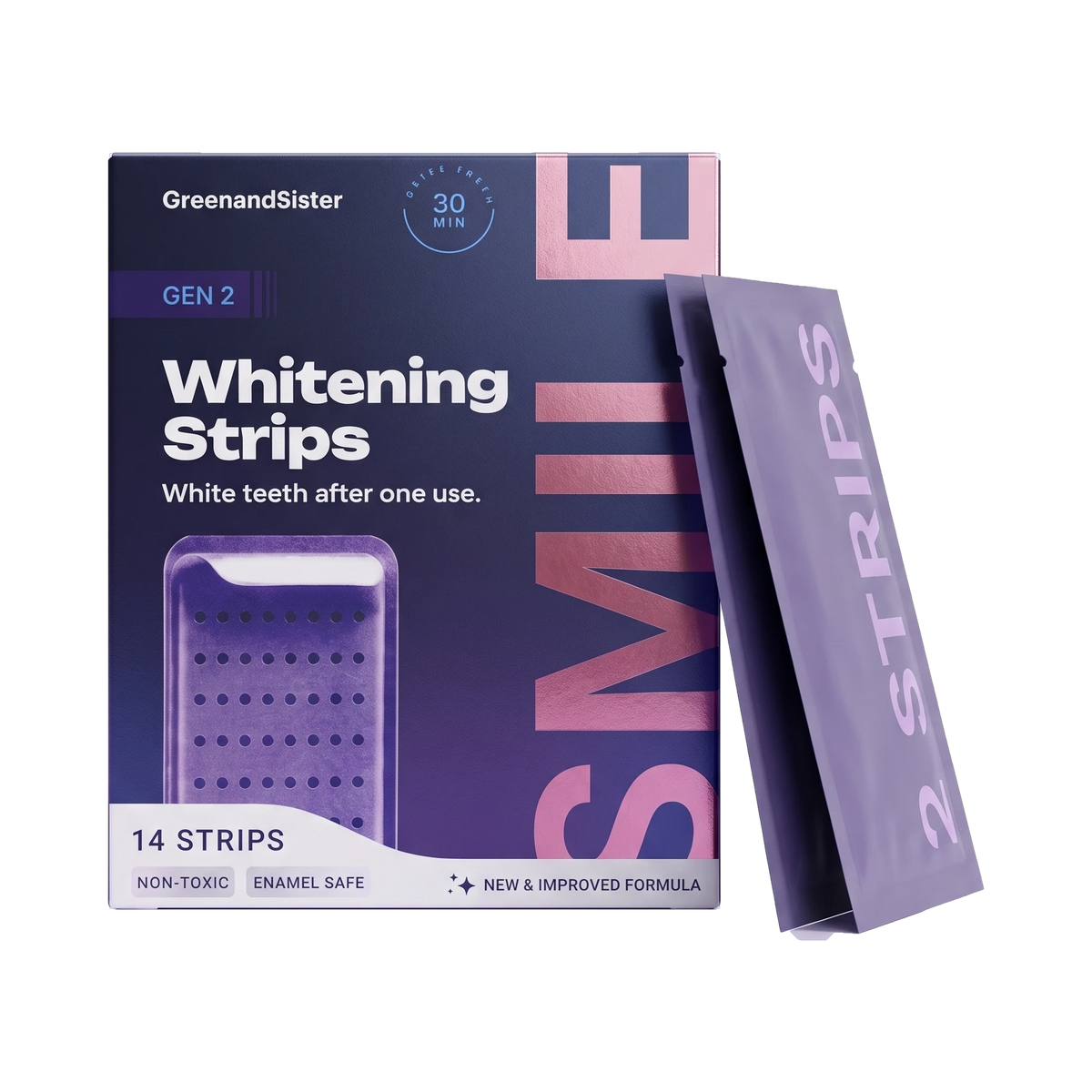 Whitening strips box with two strip pouches on a transparent background