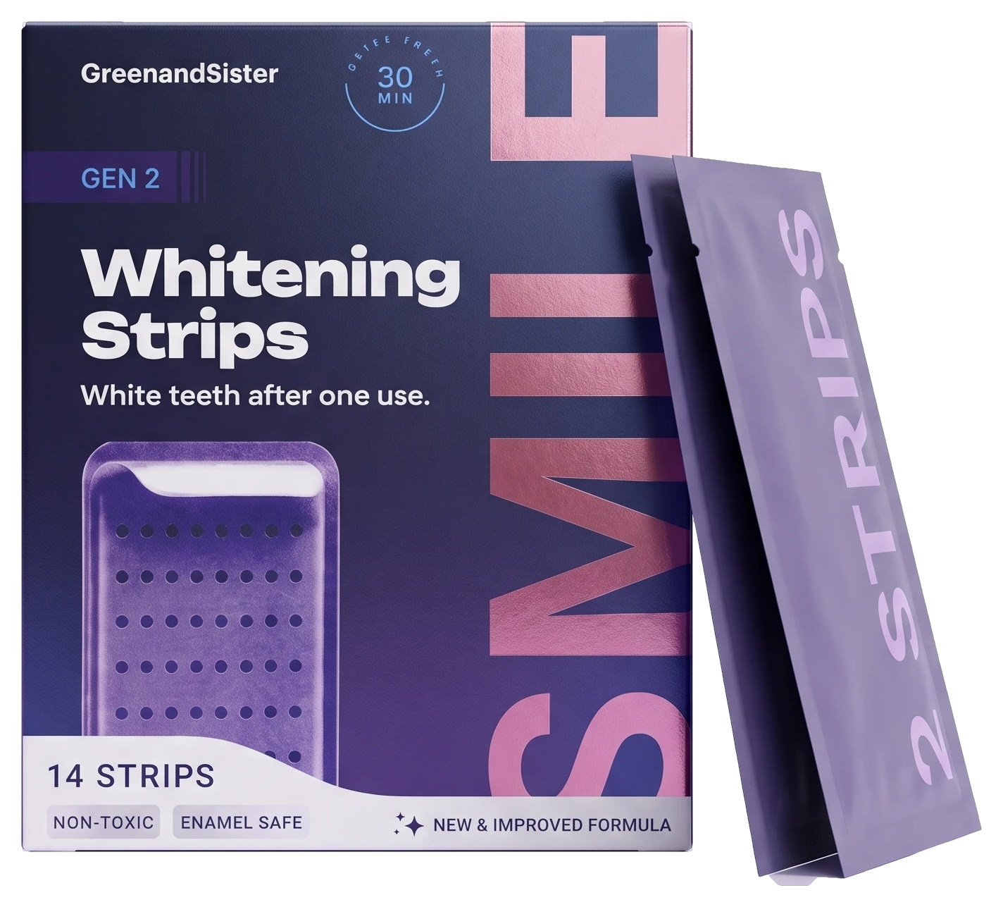 SmilePlax whitening strips box with two strip pouches